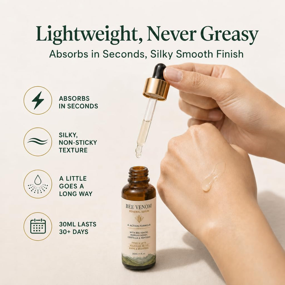 Drop of PPT.MHC serum on hand illustrating lightweight texture and quick absorption