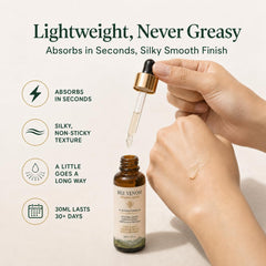 Drop of PPT.MHC serum on hand illustrating lightweight texture and quick absorption