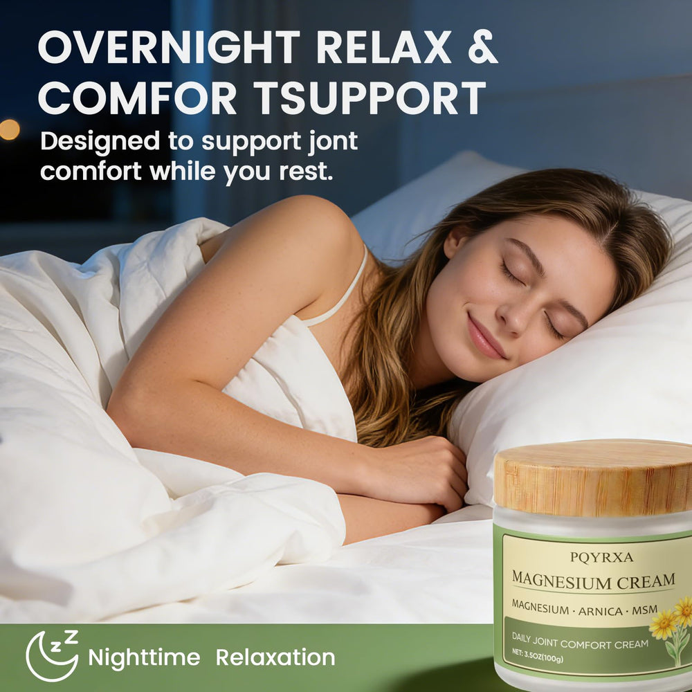 PQYRXA cream on bedside table conveying nightly routine comfort benefit