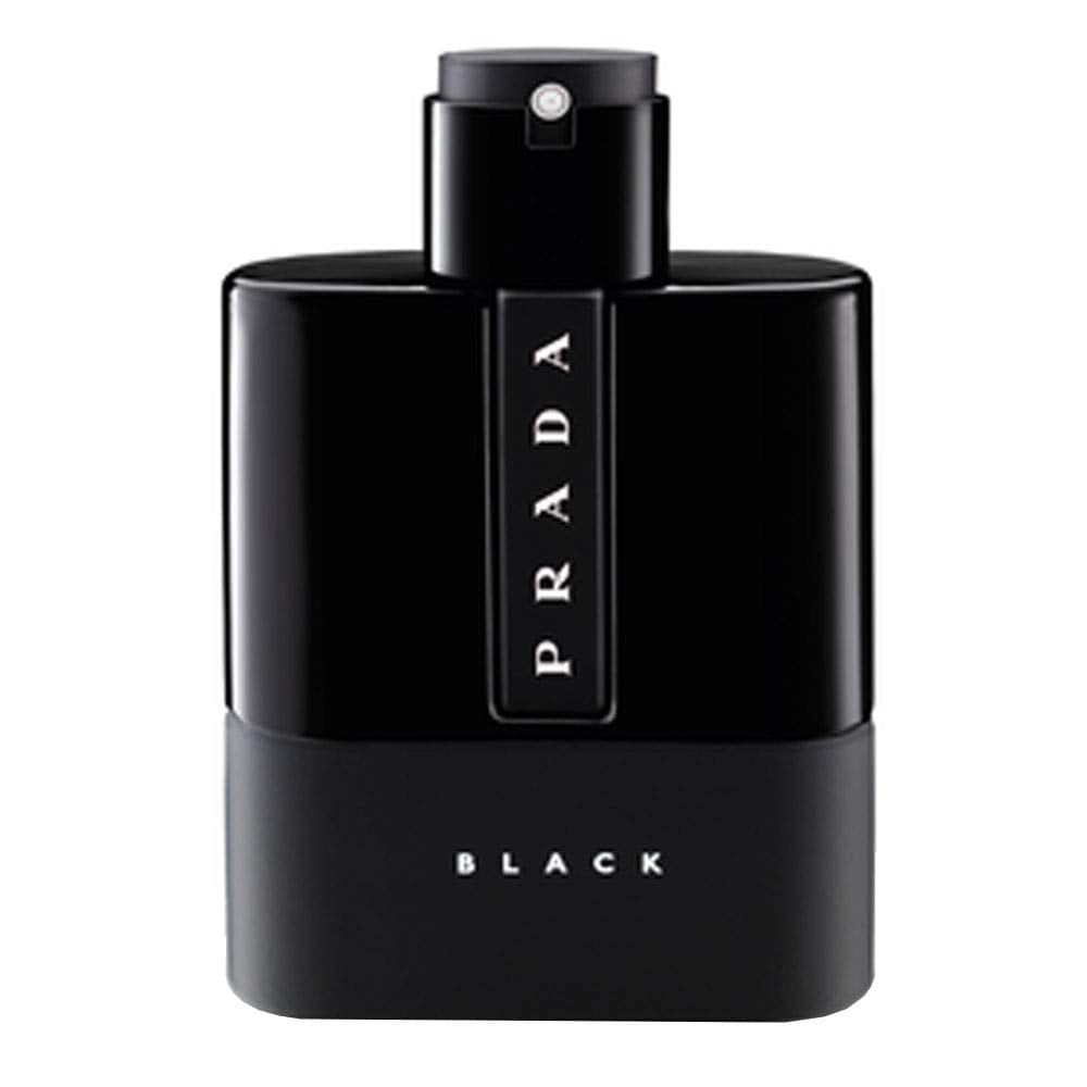 Prada Luna Rossa Black bottle front view showing sleek design and brand identity