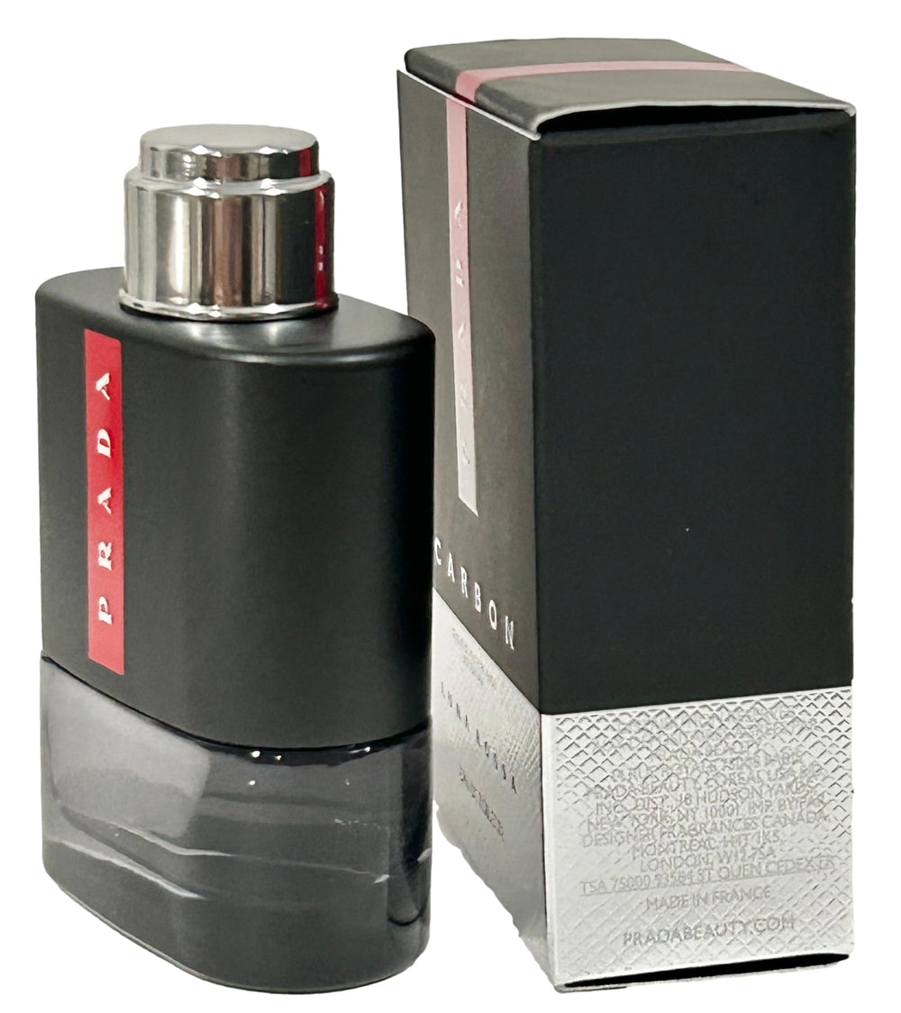 Prada Luna Rossa Carbon mini label close-up showing authentic Prada branding benefit