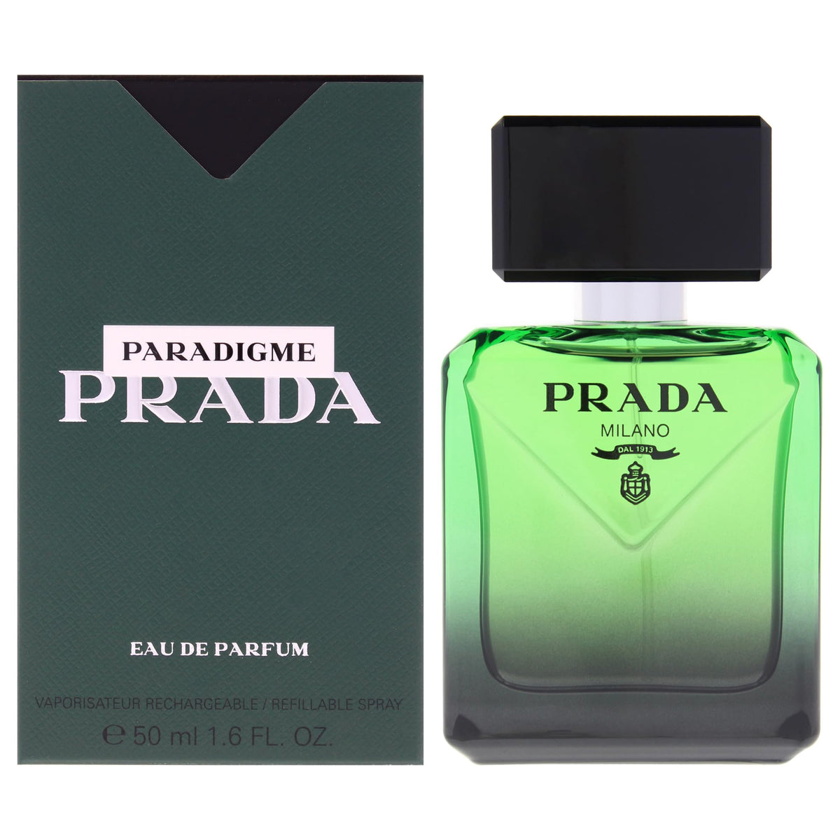 Prada Paradigme bottle front view showing sleek design and immediate sophistication