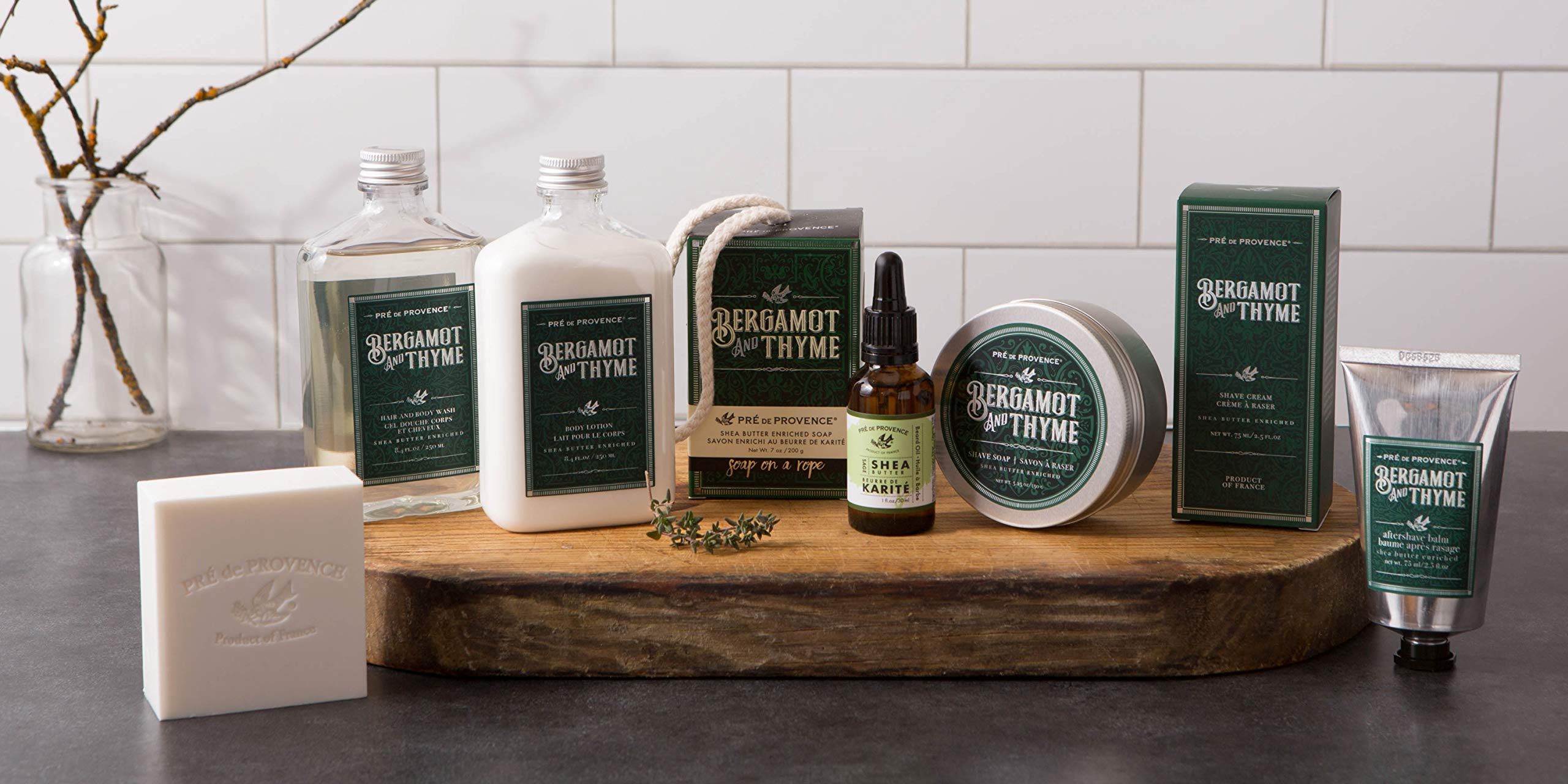 Pre de Provence balm beside razor on counter for post-shave routine