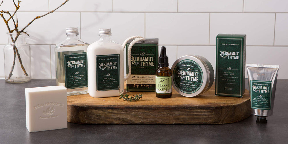Pre de Provence balm beside razor on counter for post-shave routine