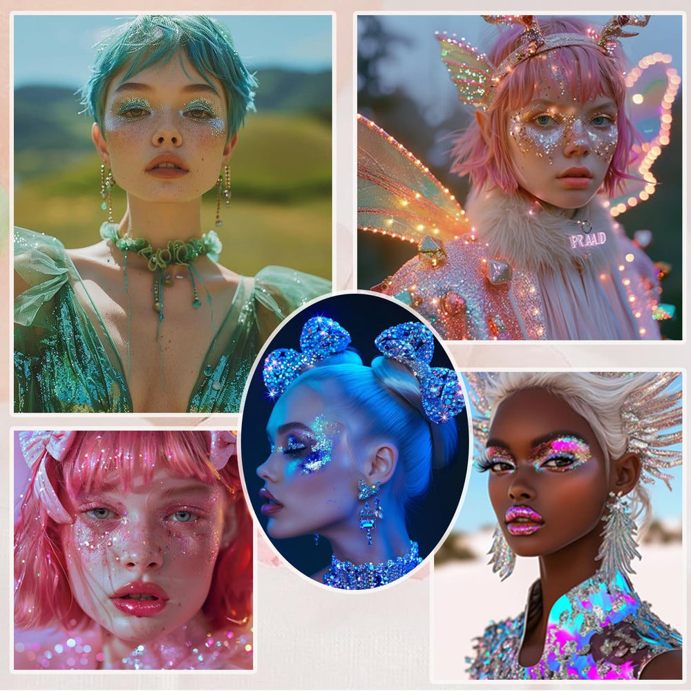 Prehot glitter on model at festival conveying bold sparkle and lasting effect