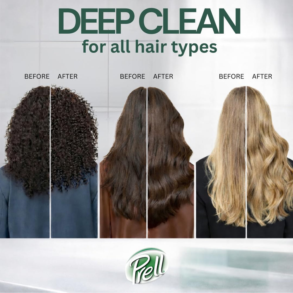 Prell being applied to wet hair in shower, shows refreshing cleanse