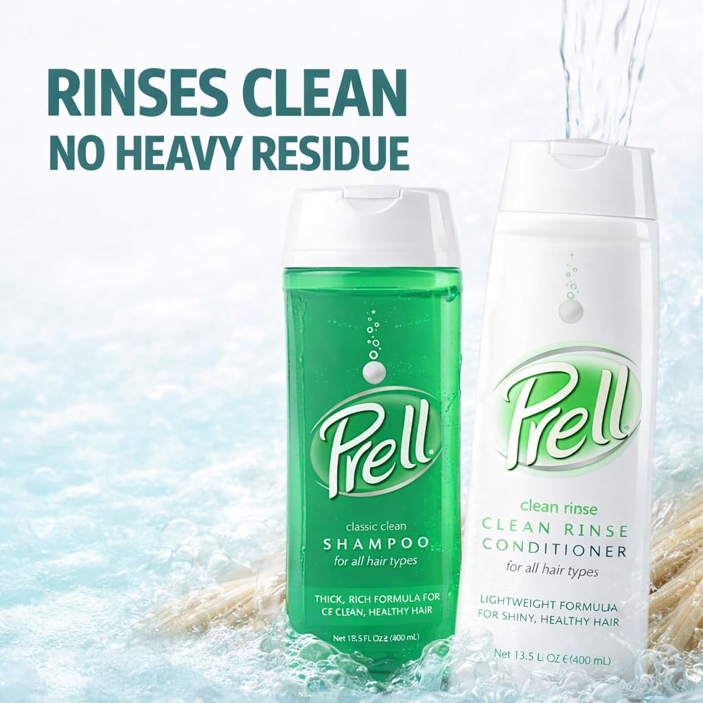 Prell shampoo conditioner texture pouring to show lightweight formula and smooth spread