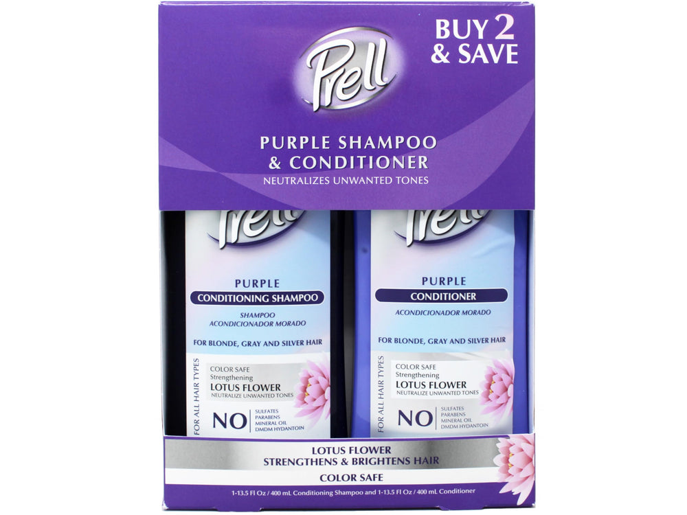Prell purple shampoo label close-up highlighting toning action