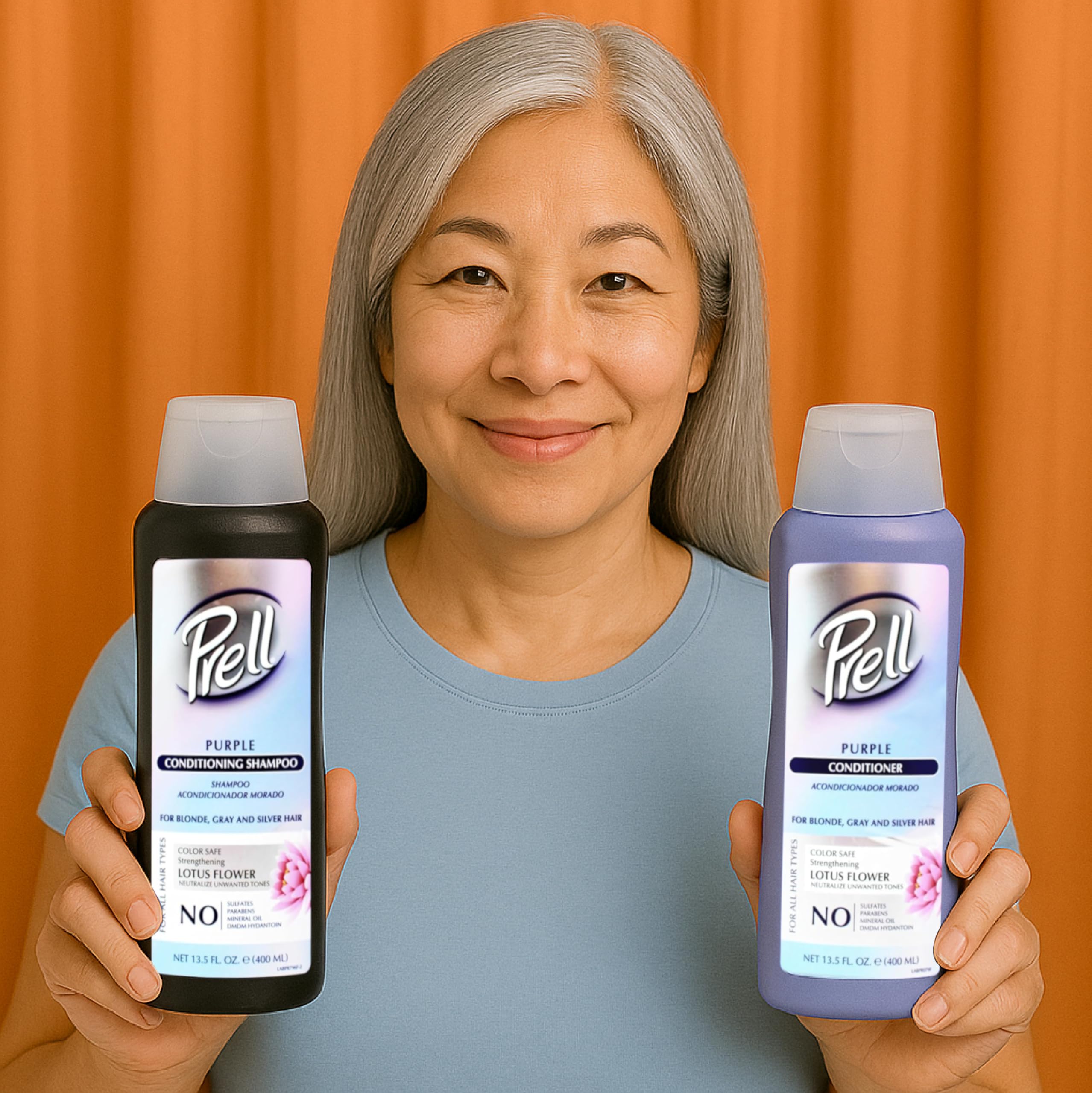 Prell before and after hair image showing reduced brassiness