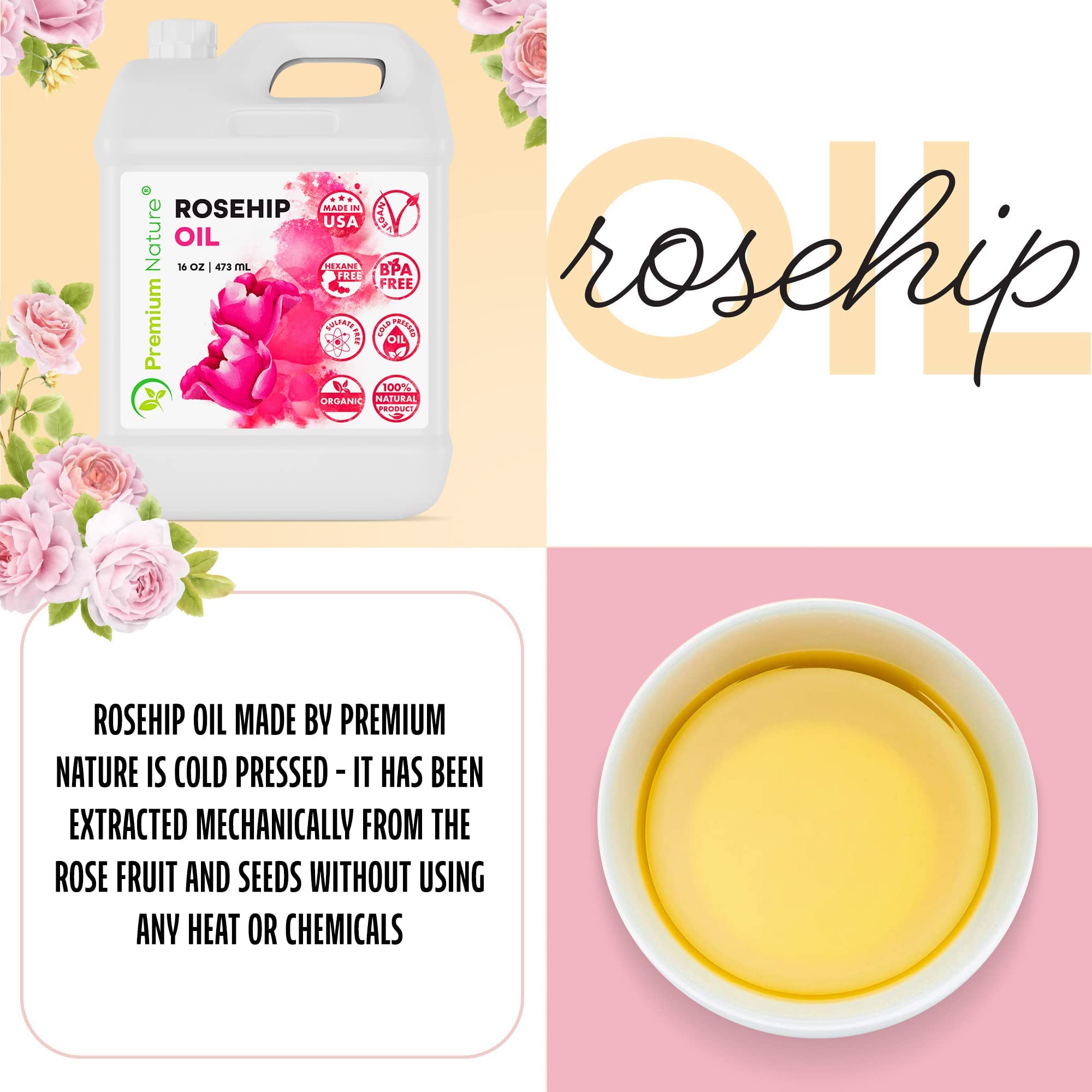hands holding poured Premium Nature rosehip oil demonstrating easy application