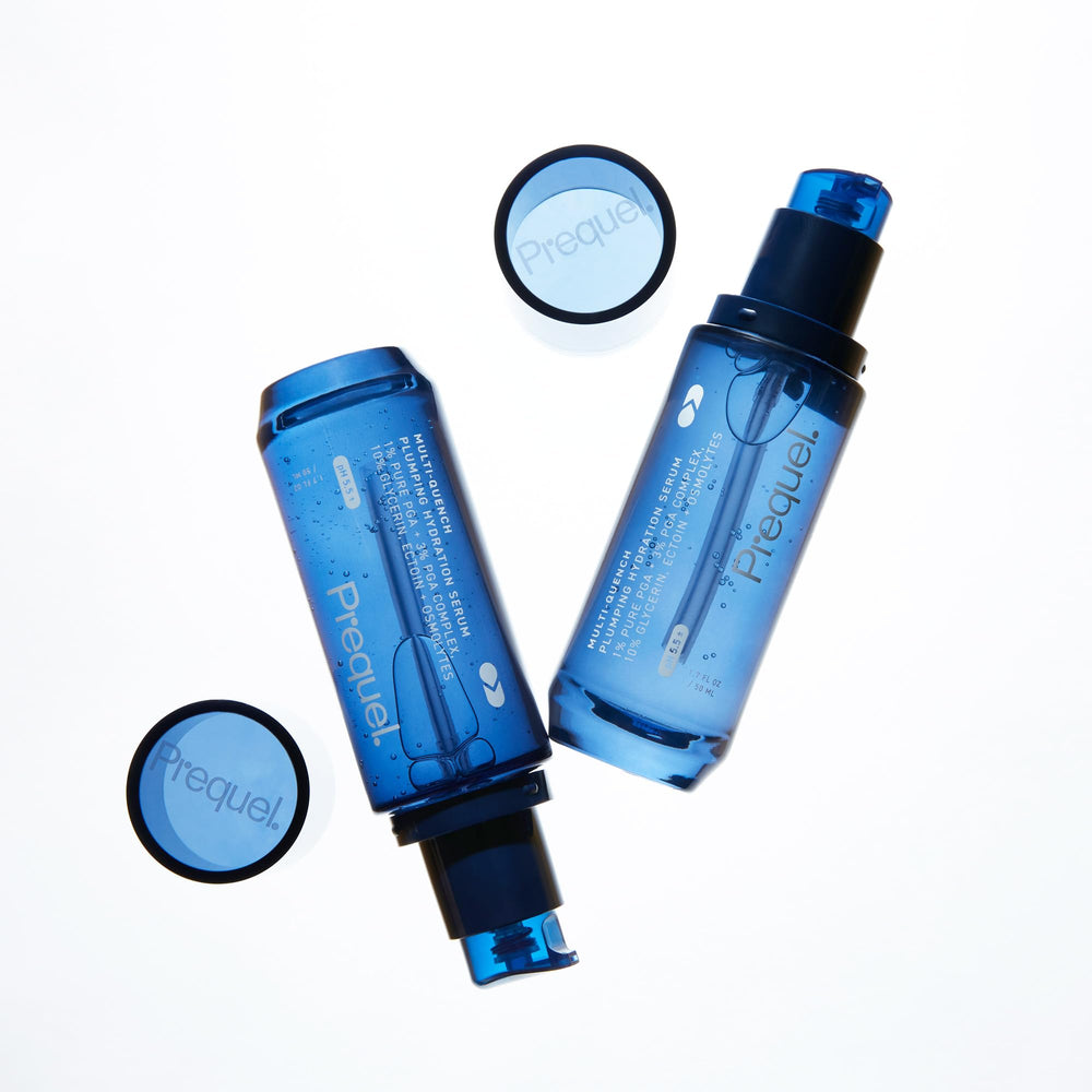 Prequel clinical lab display of bottle implying dermatologist-developed efficacy