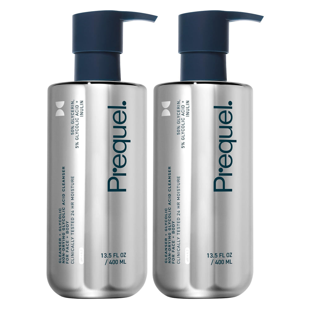 Prequel glycolic body wash front packaging showing clear labeling and pump benefit