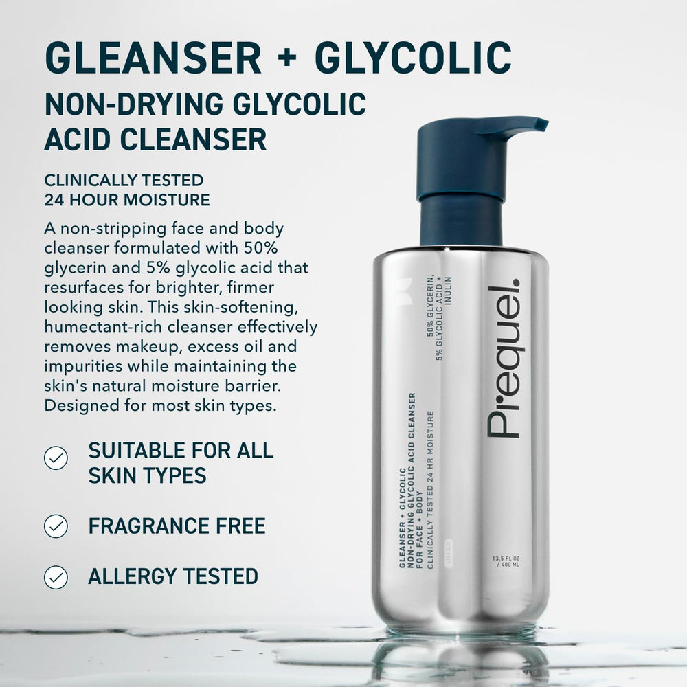 Prequel glycolic cleanser pump close-up for easy one-handed dispensing benefit