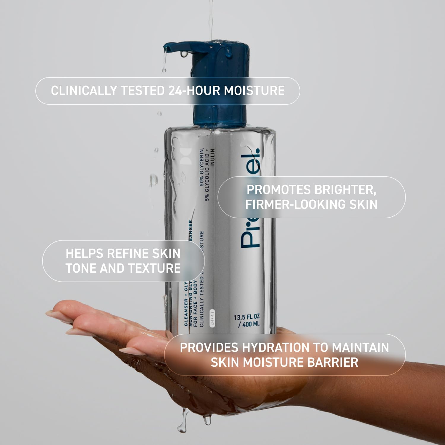 Prequel glycolic bottle in shower scene highlighting rinse-off practicality