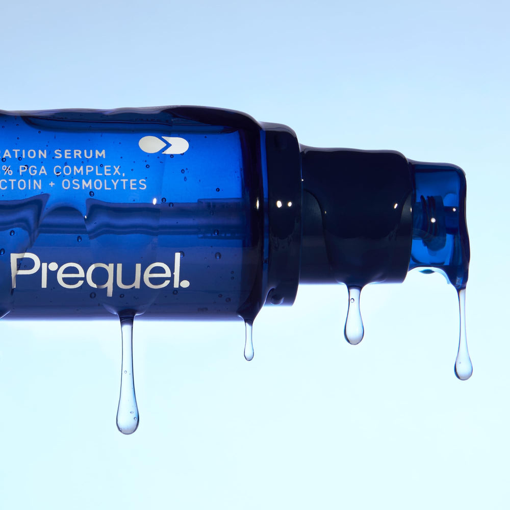 Prequel serum texture on skin, lightweight finish visibly smooths and hydrates