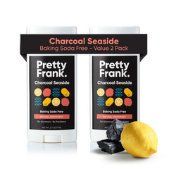PRETTY FRANK front packaging shows two charcoal seaside sticks and eco benefits