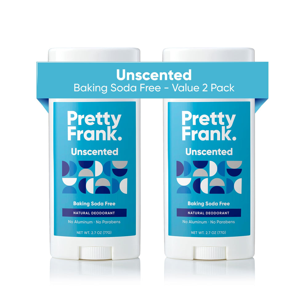 PRETTY FRANK front packaging showing two unscented sticks and benefit of aluminum-free
