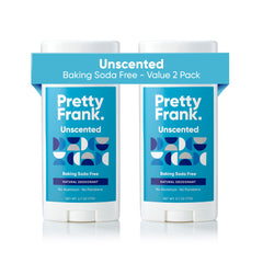 PRETTY FRANK front packaging showing two unscented sticks and benefit of aluminum-free