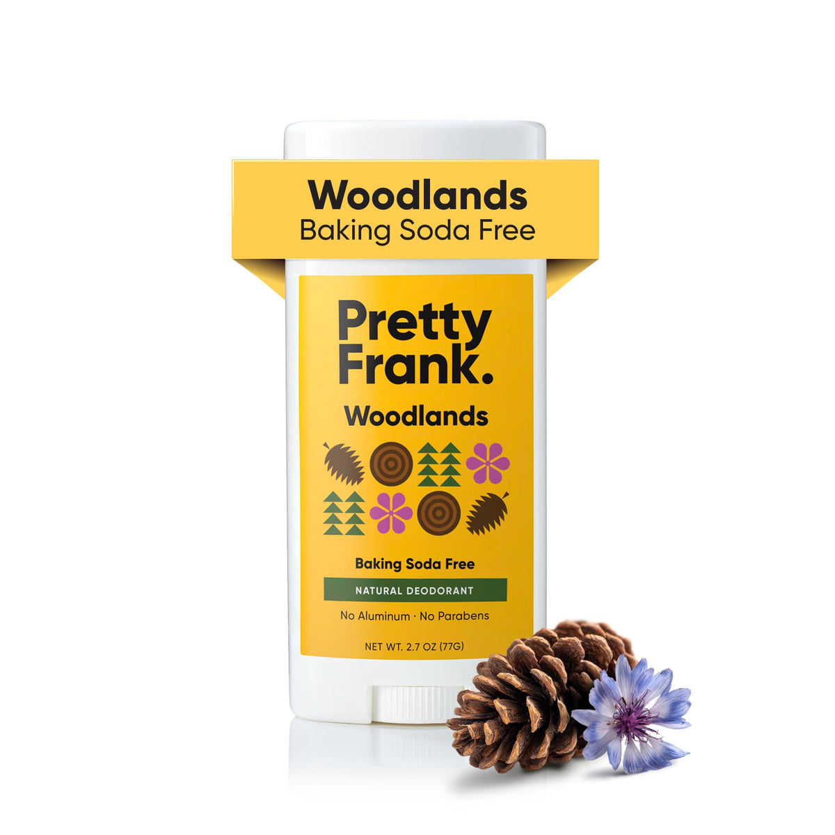 Pretty Frank front packaging showing Woodlands scent and benefit of aluminum-free protection