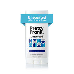 Pretty Frank front view of unscented deodorant stick showing packaging and compact design