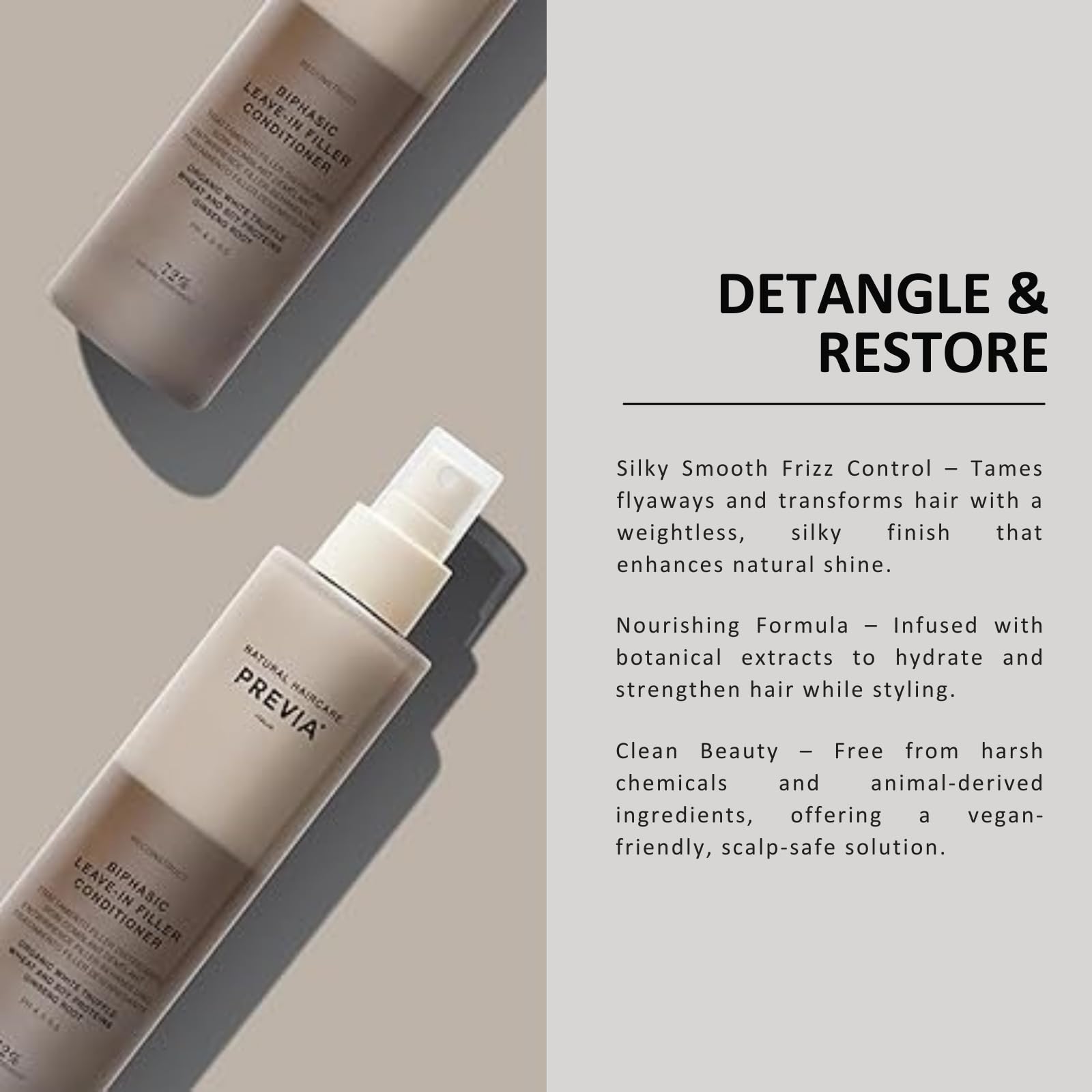 PREVIA mist being sprayed on damp hair, improving detangling and manageability