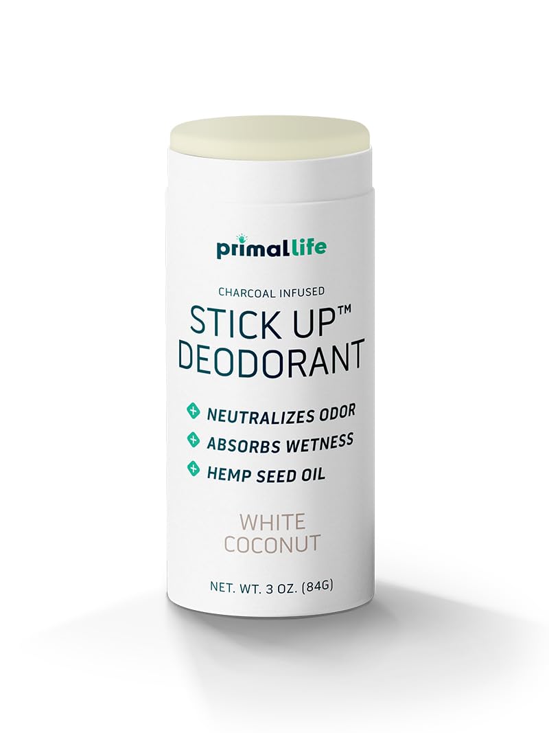 Primal Life Organics stick up front packaging showing label and coconut scent benefits
