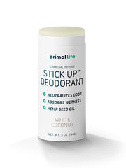 Primal Life Organics stick up front packaging showing label and coconut scent benefits