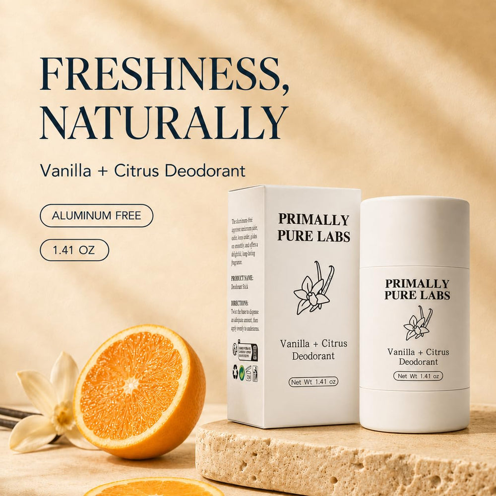 Primally Pure Labs box with stick showing retail packaging and travel-friendly benefit