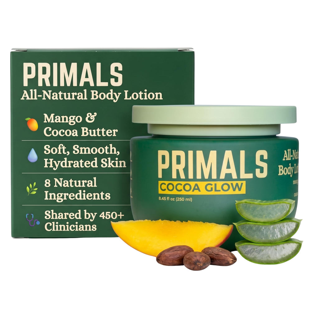 PRIMALS front packaging showing cocoa butter and mango butter benefits