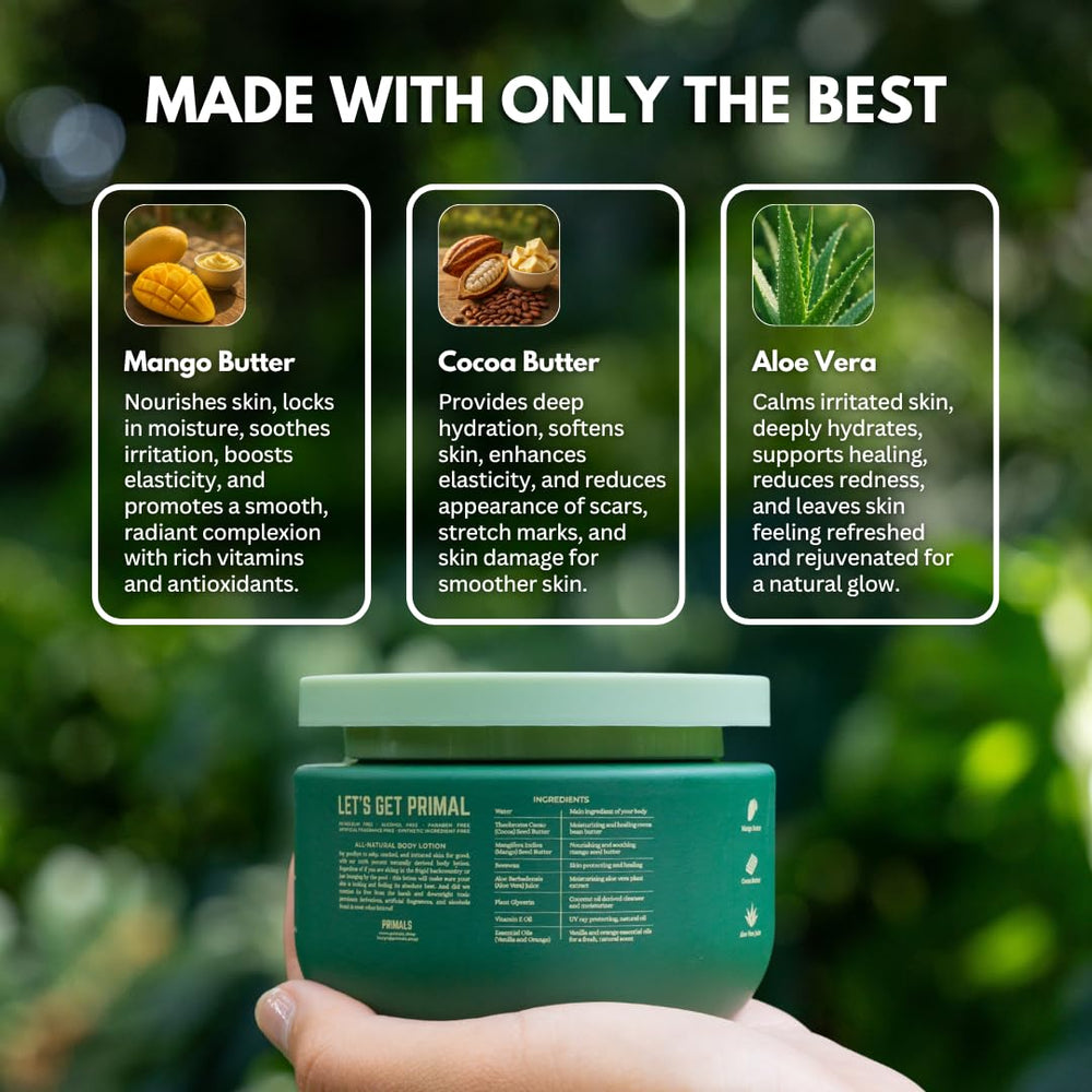 PRIMALS natural ingredients display with cocoa and mango leaves for nourishing formula