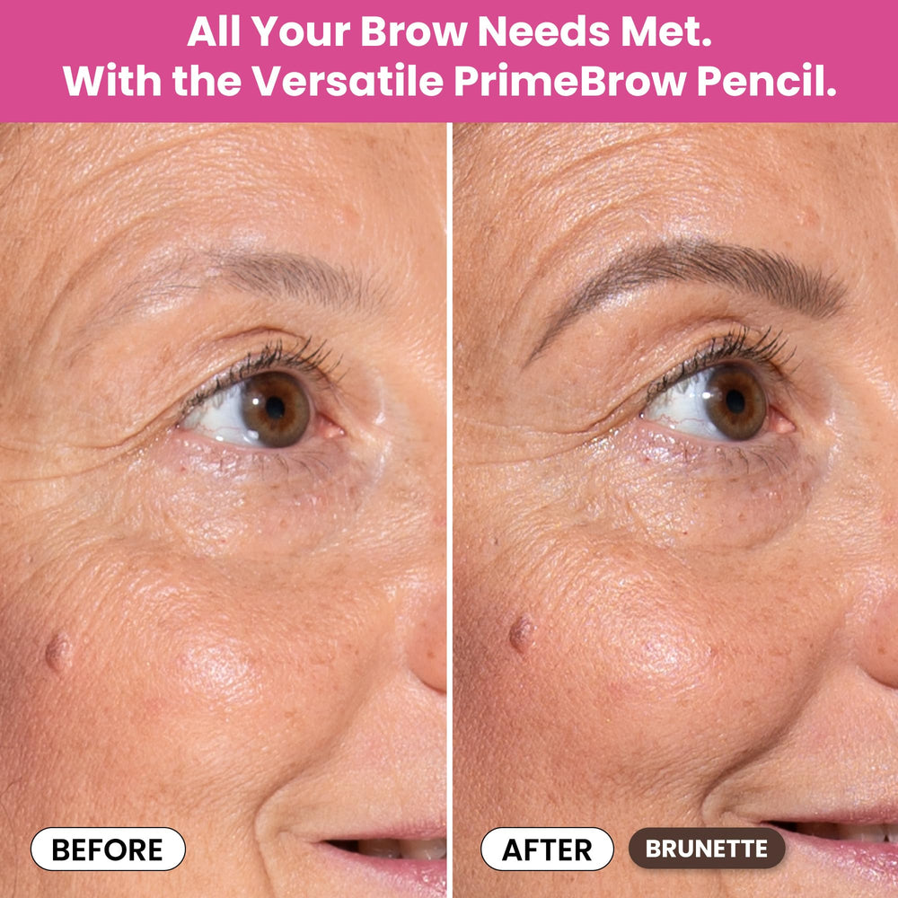 Prime Prometics pencil applied on mature model showing natural-looking filled brows