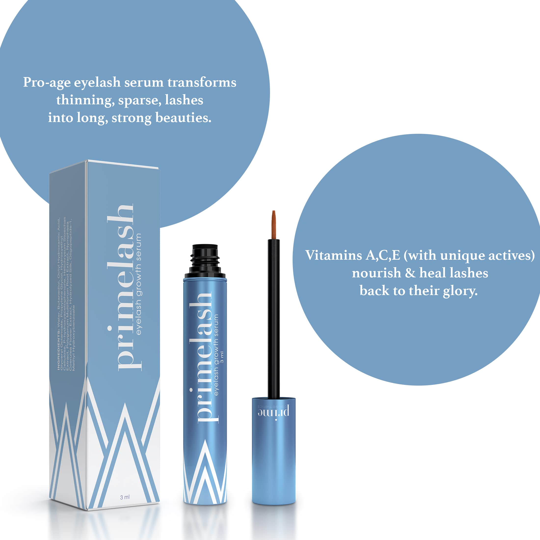 PRIME PROMETICS primeLash serum texture on fingertip highlighting lightweight absorbent formula benefit