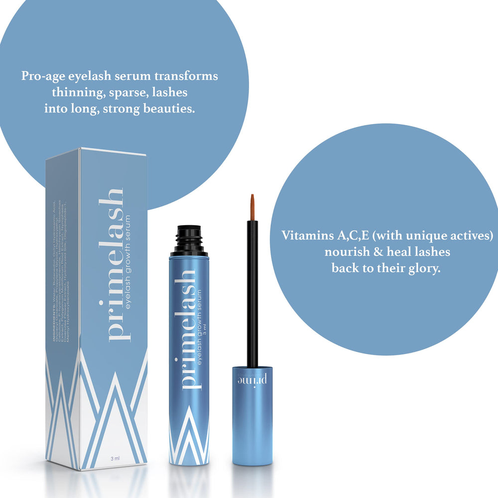 PRIME PROMETICS primeLash serum texture on fingertip highlighting lightweight absorbent formula benefit