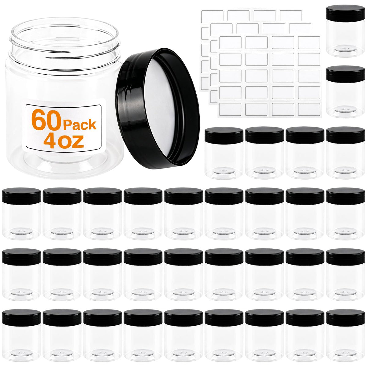 PrimorixDD 60-pack front view showing clear jars and stacked lids for organized storage