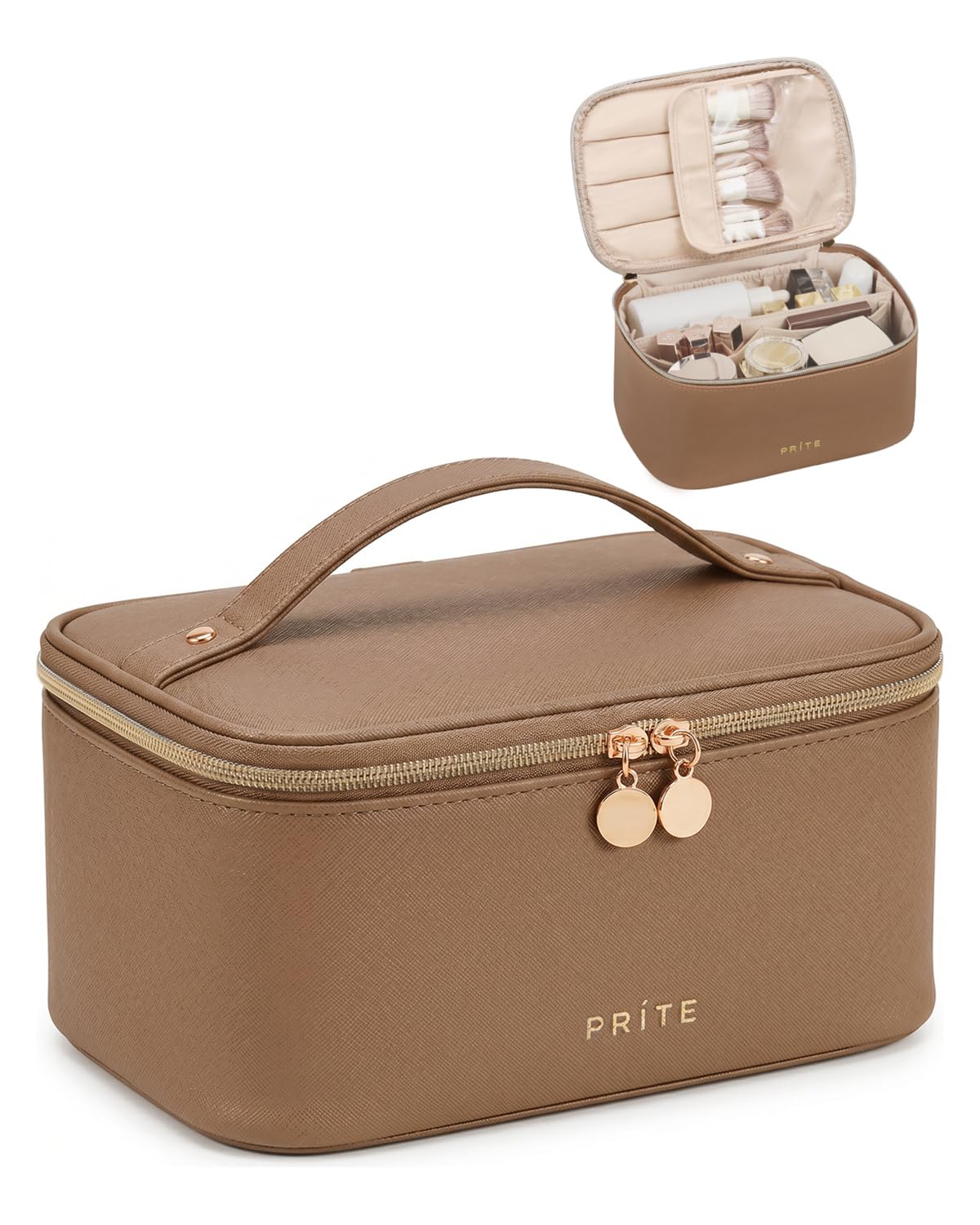 Prite brown cosmetic bag front view showing organized storage benefit