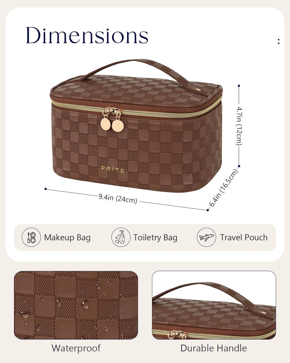 Prite checkered brown adjustable dividers and mesh pockets offering customizable storage