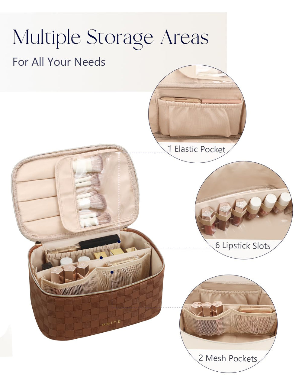 Prite checkered brown top handle and zipper highlighting sturdy carry and secure closure