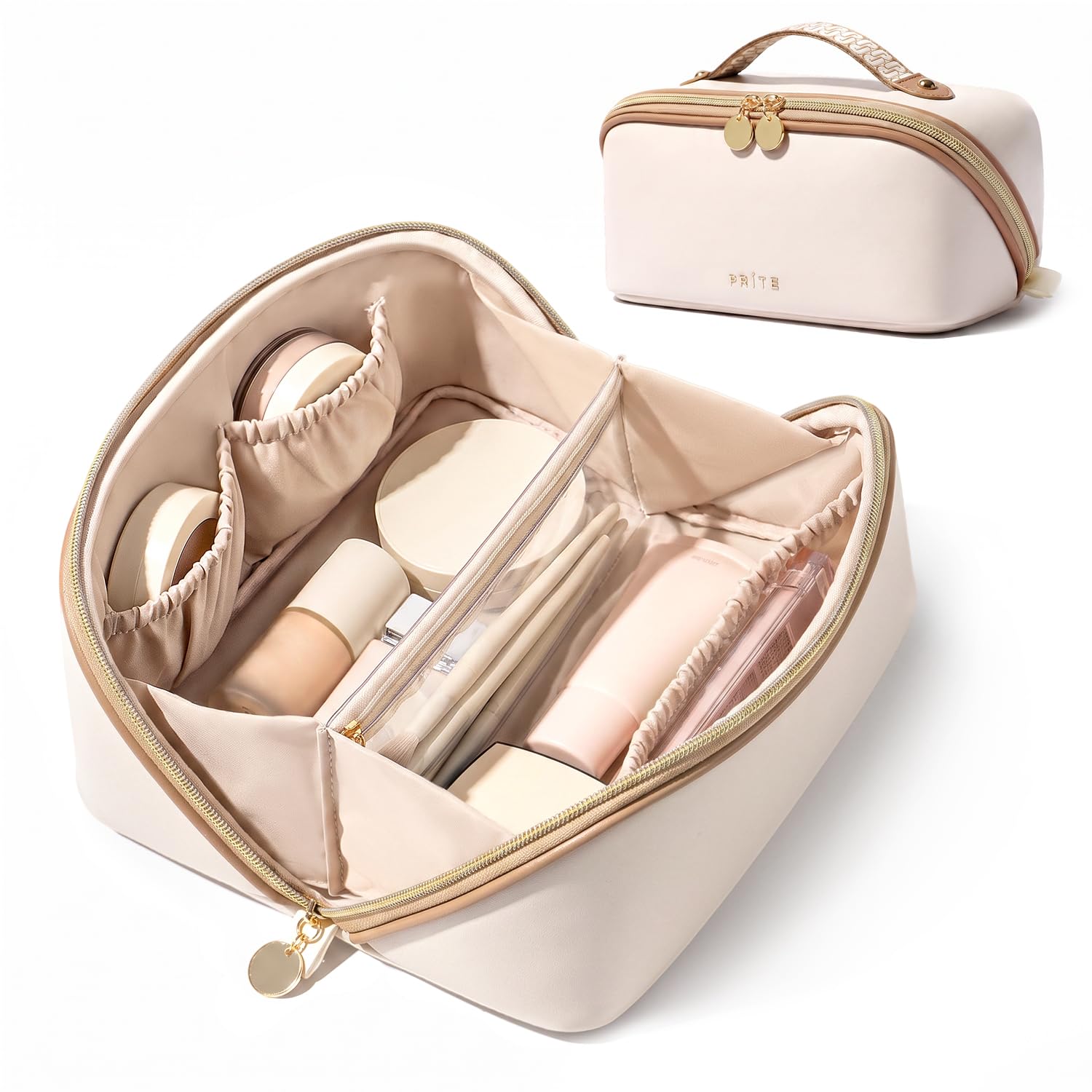 Prite front view open-flat makeup bag showing neat organization and quick access