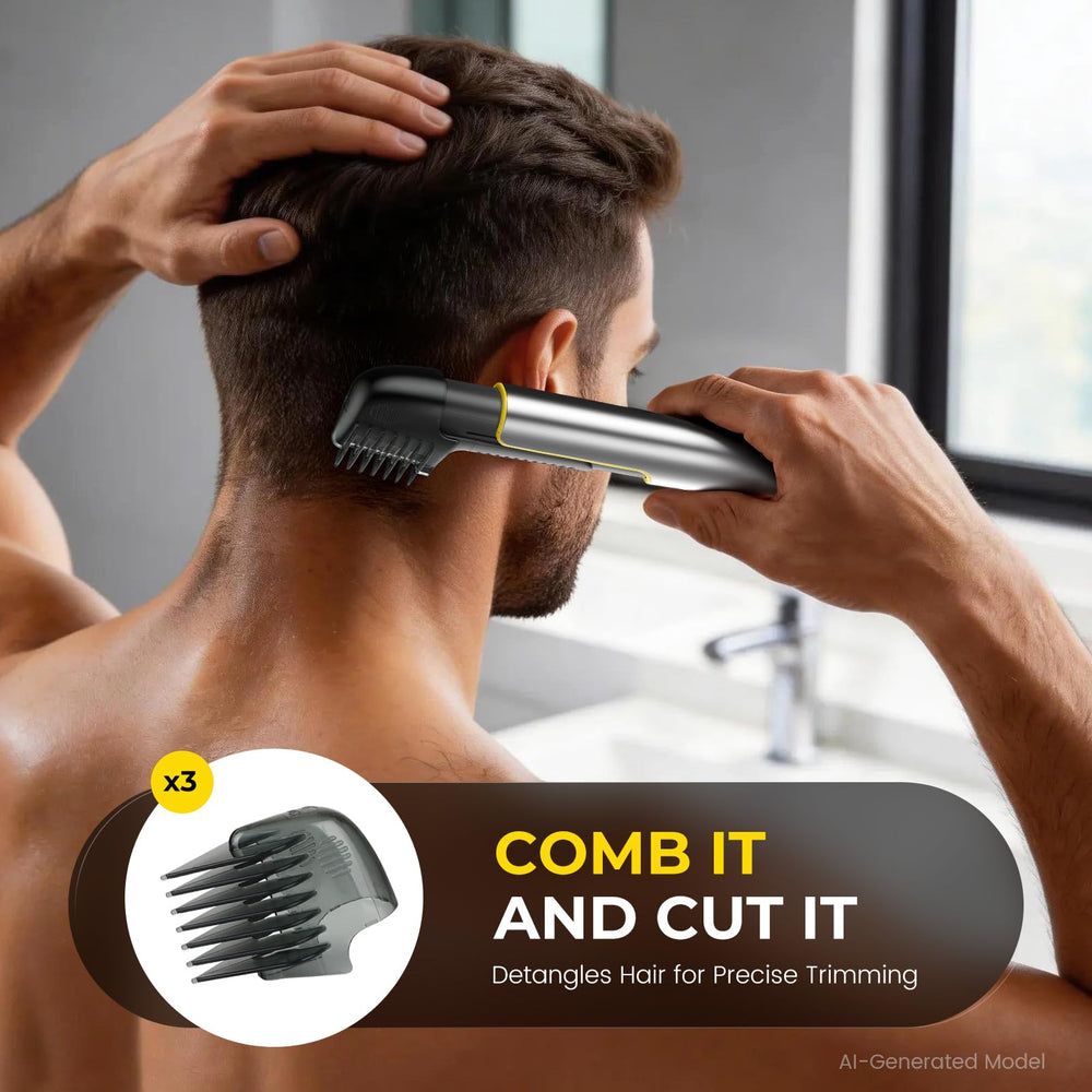 PRITECH accessory layout with combs brush and USB cable for versatile grooming