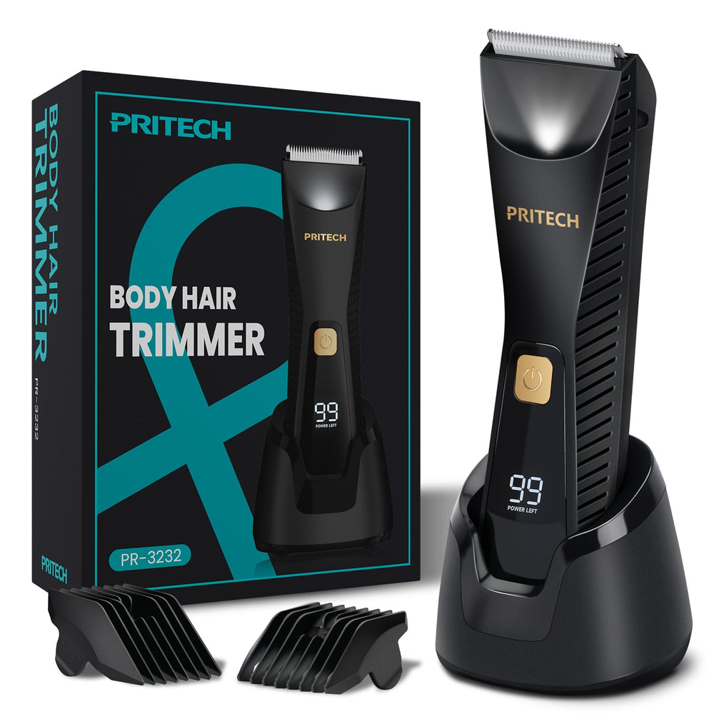 PRITECH front view showing trimmer and packaging, highlighting sleek design benefit