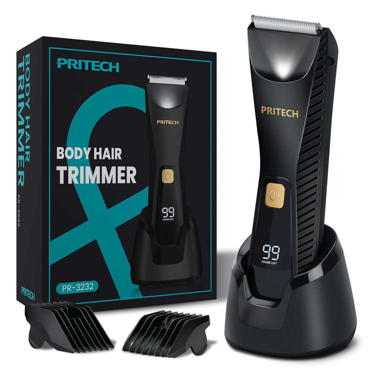 PRITECH front view showing trimmer and packaging, highlighting sleek design benefit