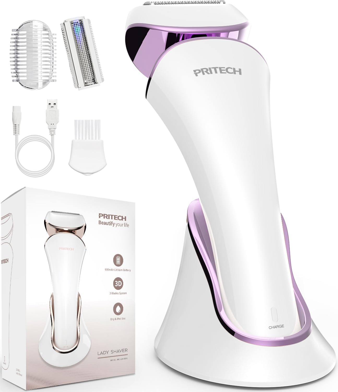 PRITECH front view of purple shaver showing ergonomic grip and travel-ready design
