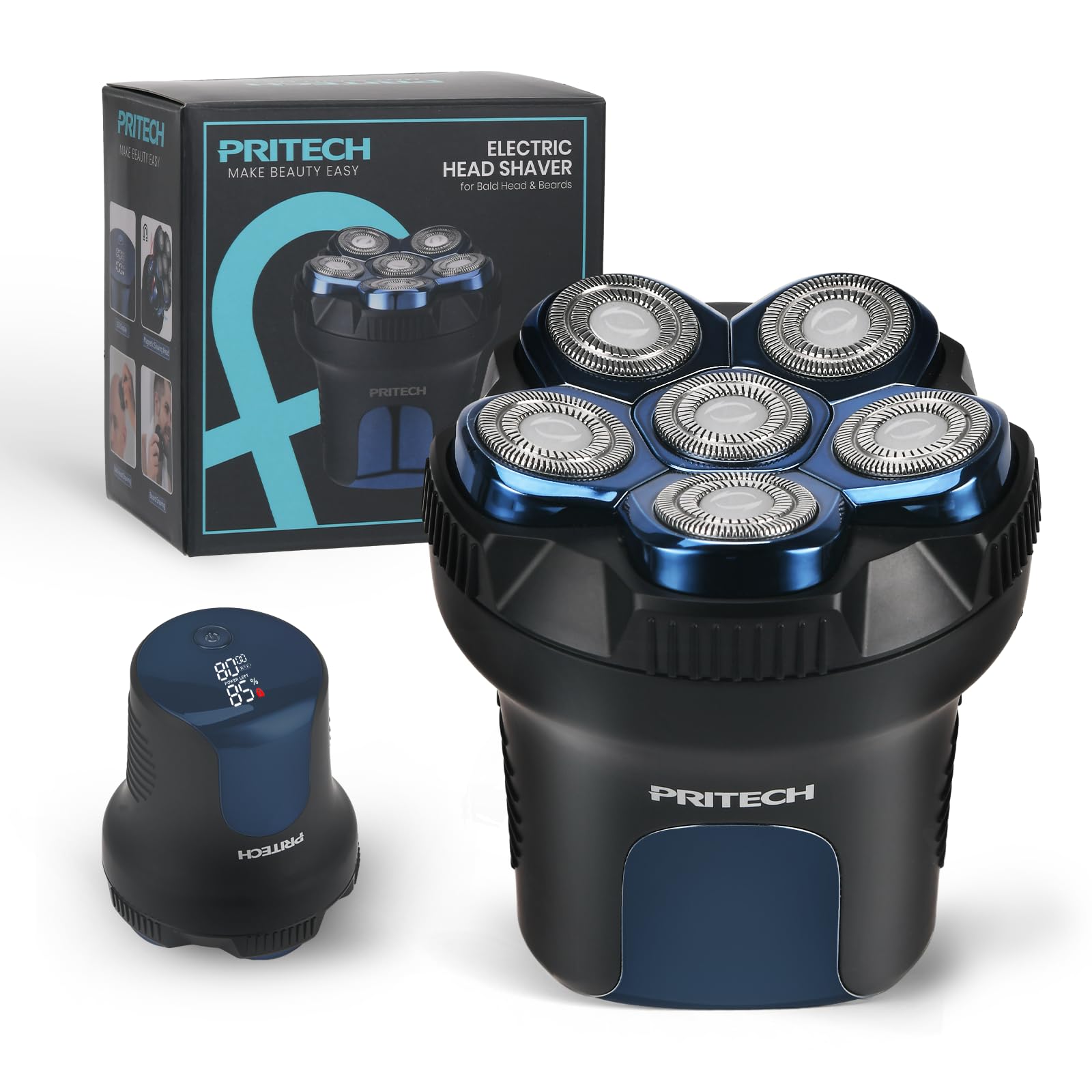PRITECH front view of shaver showing six heads and ergonomic grip for efficient shaving