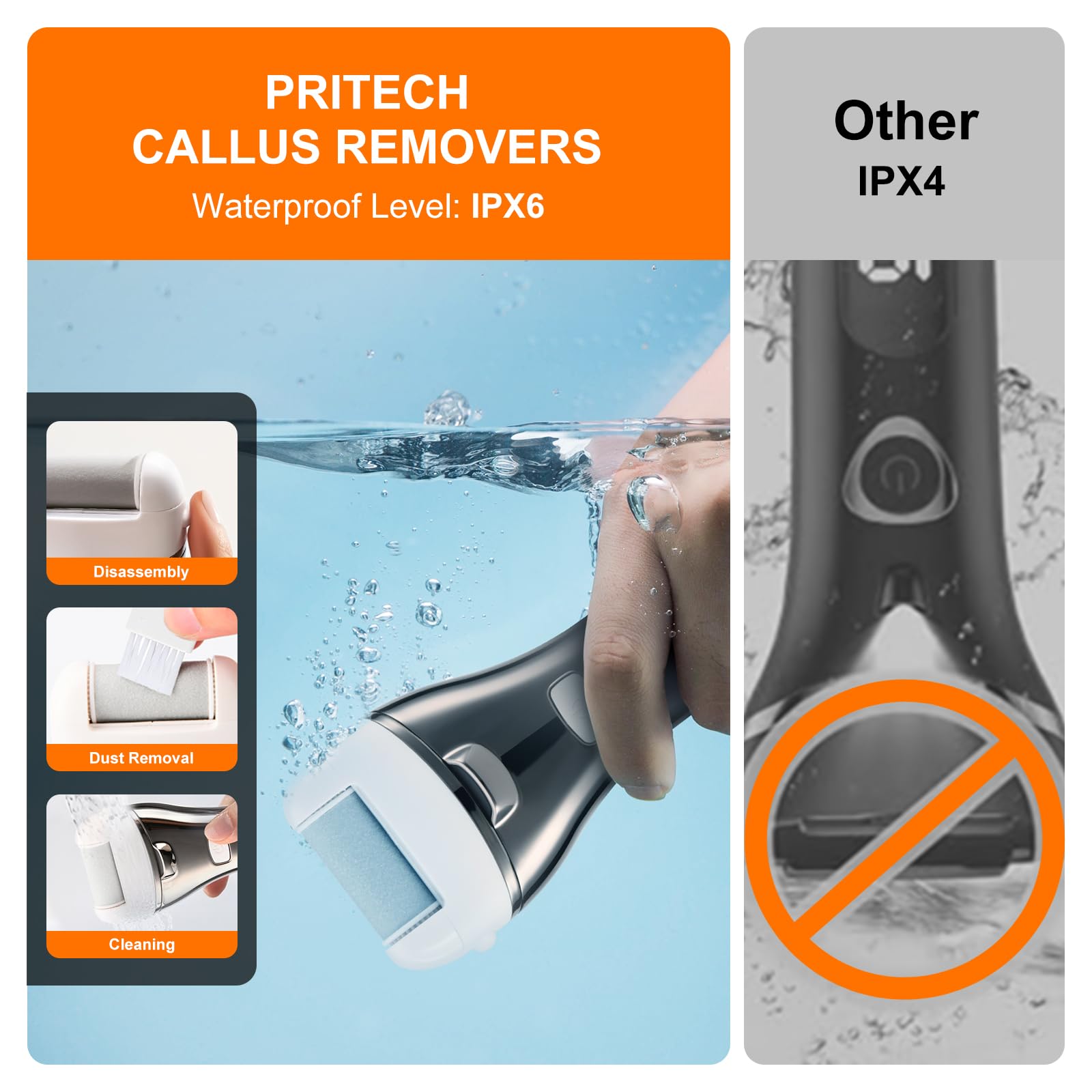 PRITECH in-use on heel after shower demonstrating effective smoothing