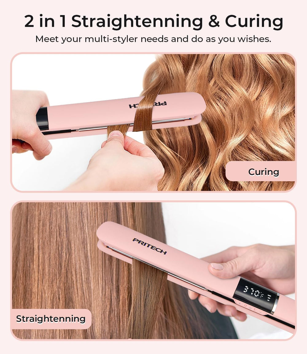 PRITECH flat iron used on hair to demonstrate smooth glide and reduced passes