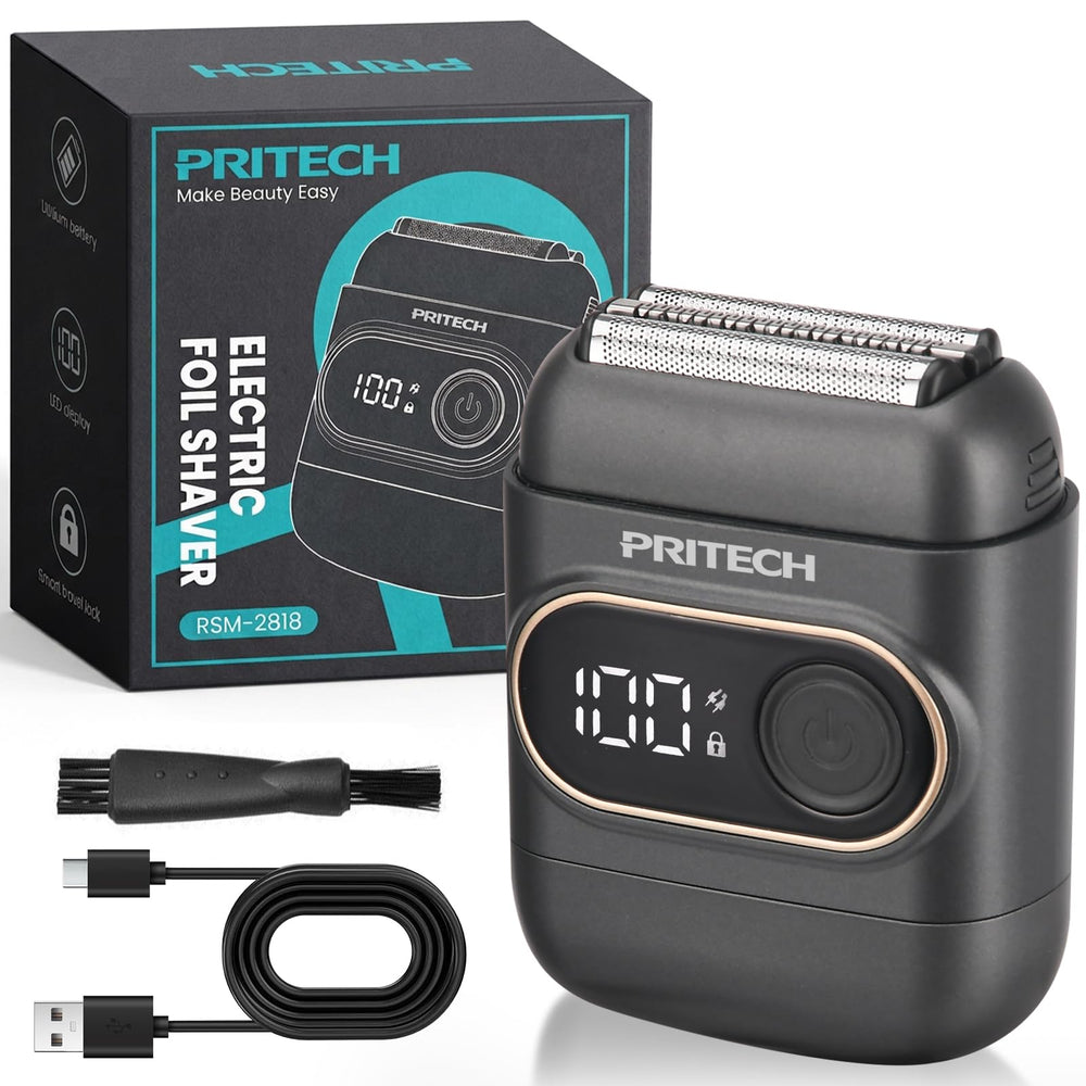 PRITECH mini foil shaver front view showing compact design and controls for portability