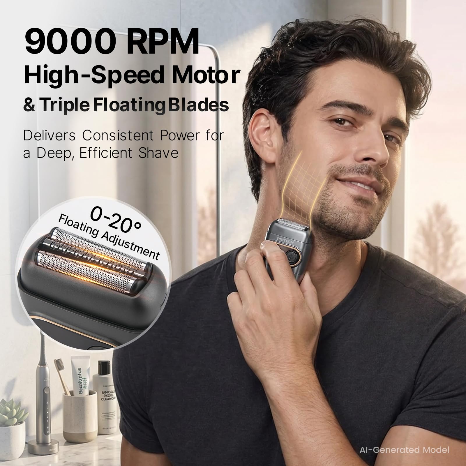 PRITECH shaver held in hand showing size and easy one-handed grooming convenience