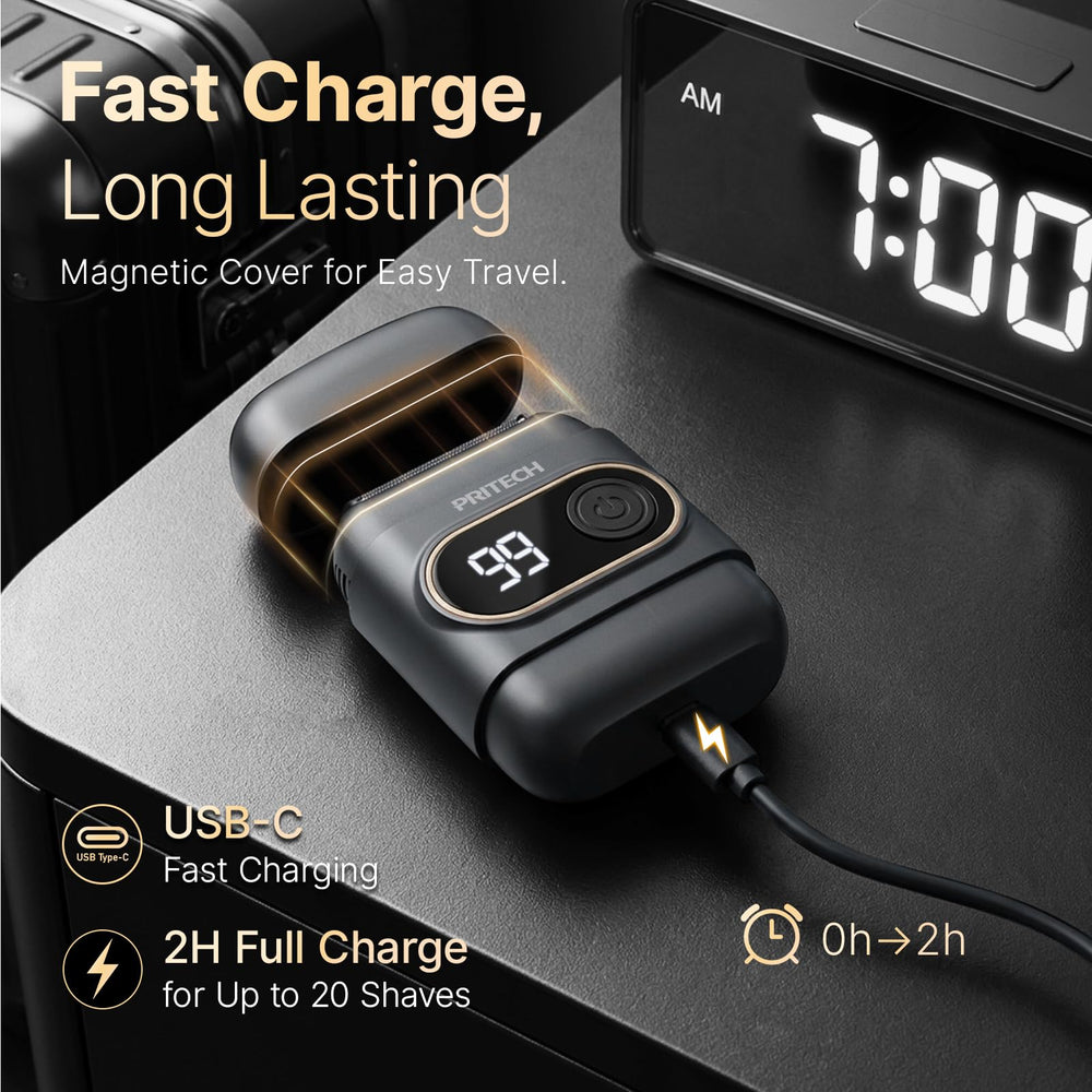 PRITECH USB-C port view indicating fast-charge compatibility and travel-friendly power