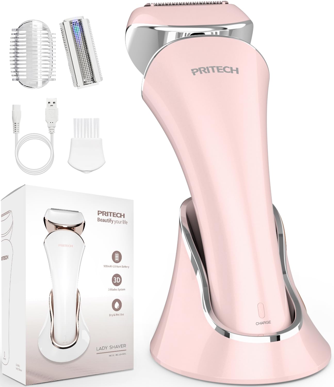 PRITECH pink shaver front view showing ergonomic grip and travel-ready design