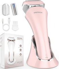 PRITECH pink shaver front view showing ergonomic grip and travel-ready design